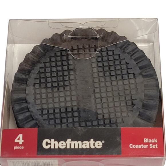 Chefmate Black Coasters Set of 4 Rubber Textured‎ Ridged Edge Masculine Dining - Picture 3 of 4